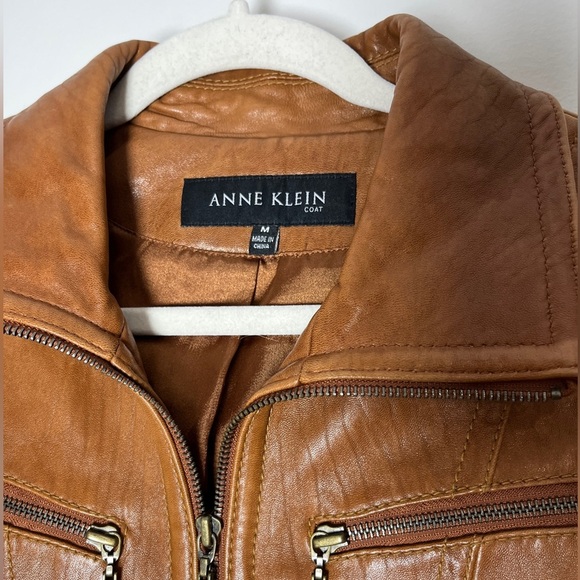 Vintage Anne Klein Longer Line Camel Faux Belted Leather Jacket Sz M - Picture 2 of 15